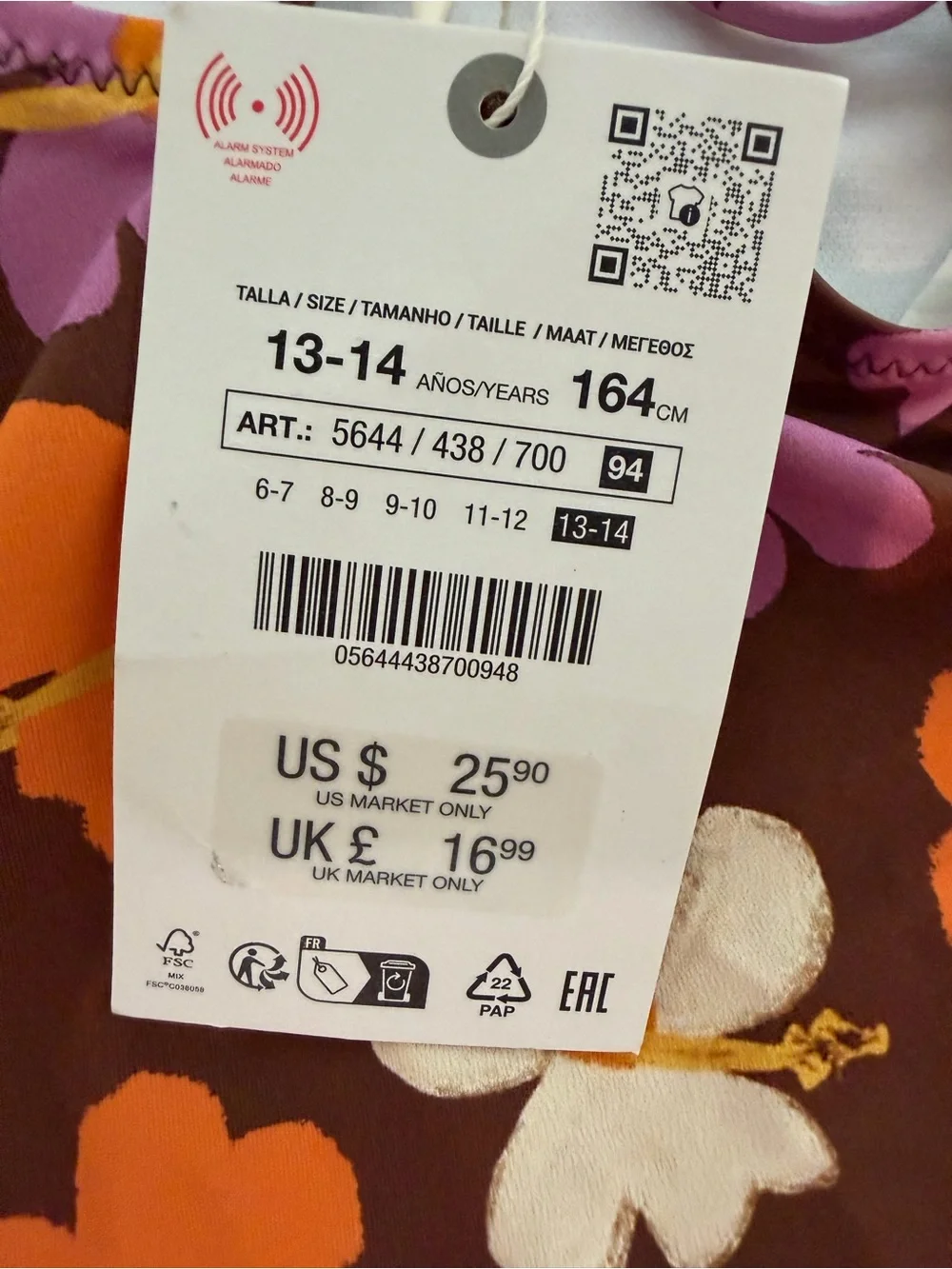NWT Zara Kids Girls One-Piece Swimsuit Floral Brown Orange & Pink. Size 13-14.